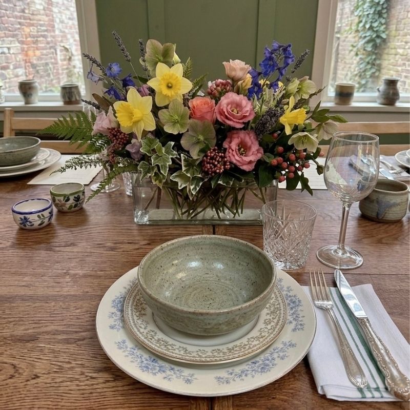 Handmade speckled ceramic serving bowl layered over vintage floral dinnerware on an oak table